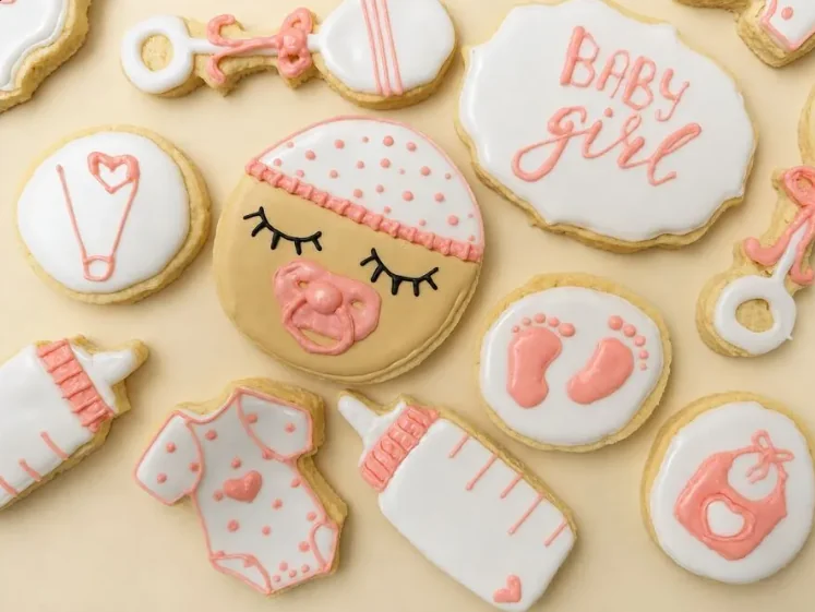 Baby girl assorted cookies: sleepy baby, rattle, onesie, bottle and Baby Girl plaque