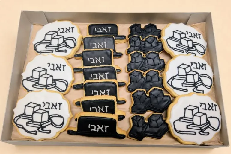 Bar Mitzvah boxed cookie set with tefillin plaques, name plaques and boot cookies