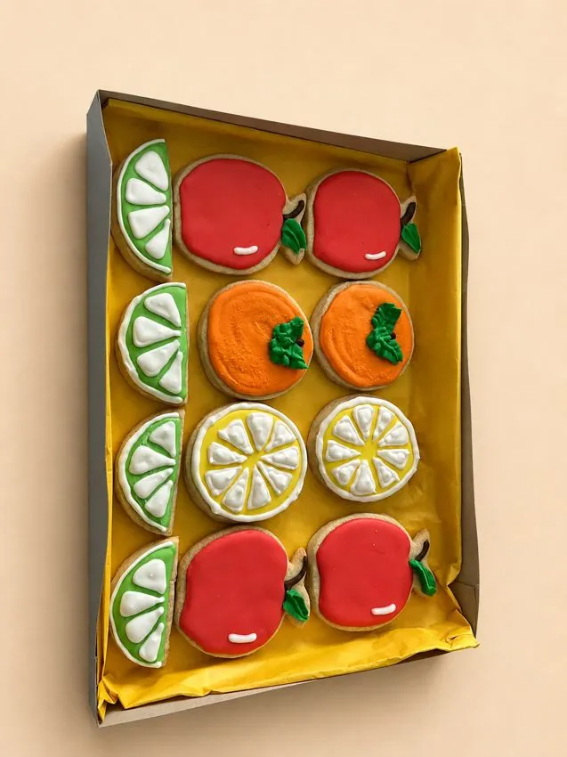 Boxed assorted fruit cookies: apple, orange, lemon, lime