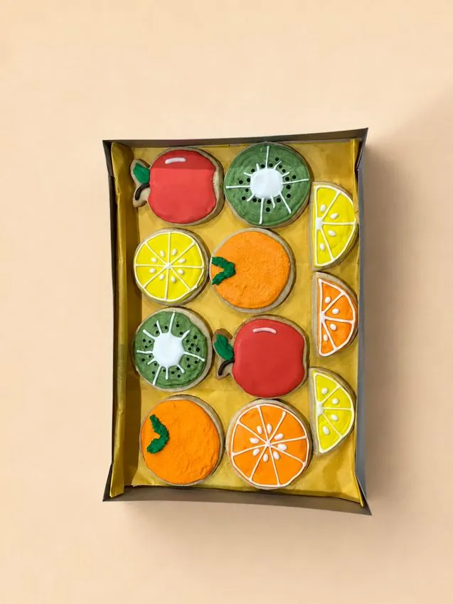 Boxed assorted fruit cookies, different angle