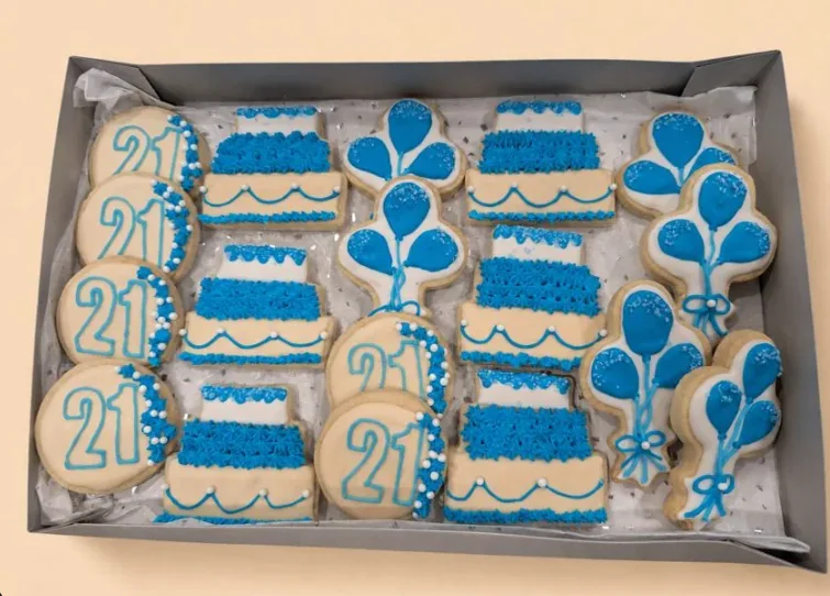 Boxed blue 21st birthday cake and balloon bouquet cookies