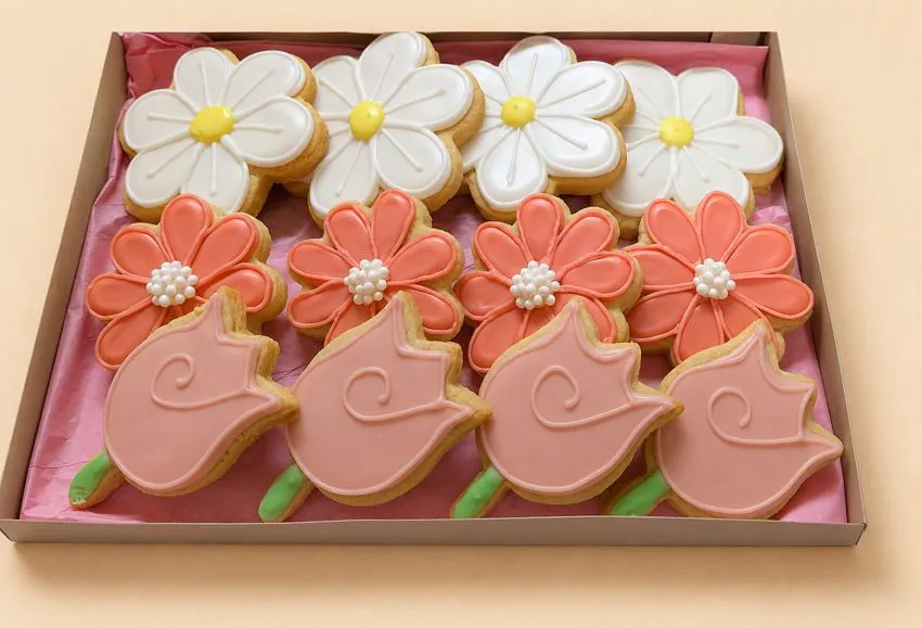 Boxed daisies, coral flowers, and tulips, angled
