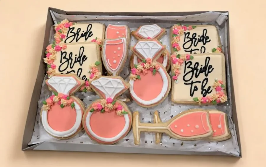 Bride to be tray set with ring cookies, champagne glasses and Bride To Be plaques