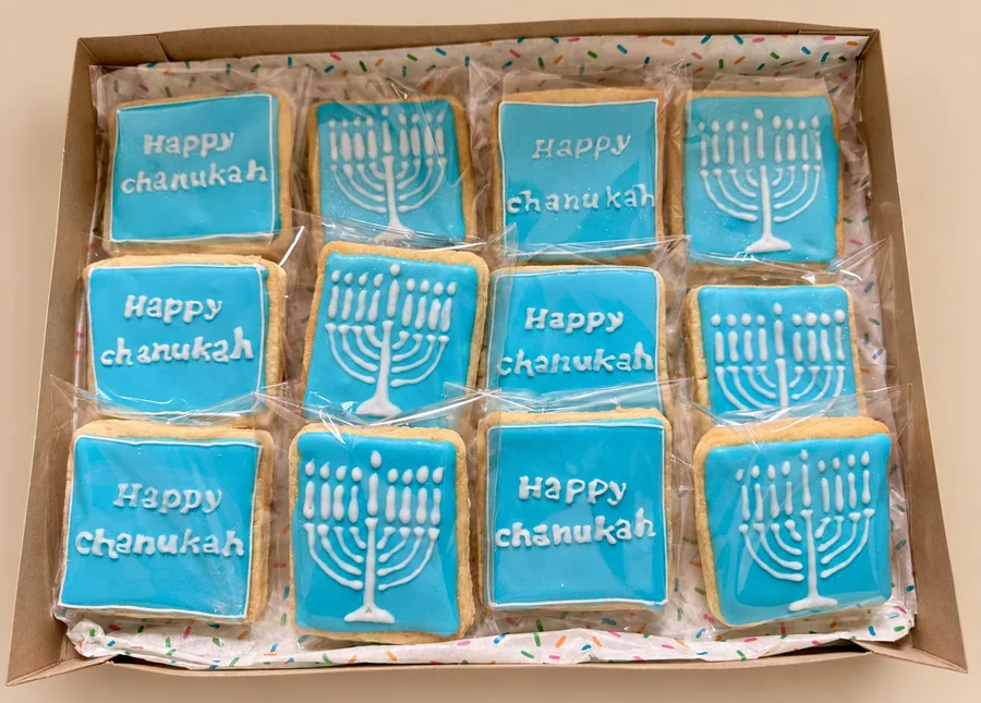 Chanukah boxed blue Happy Chanukah and menorah cookies, individually wrapped