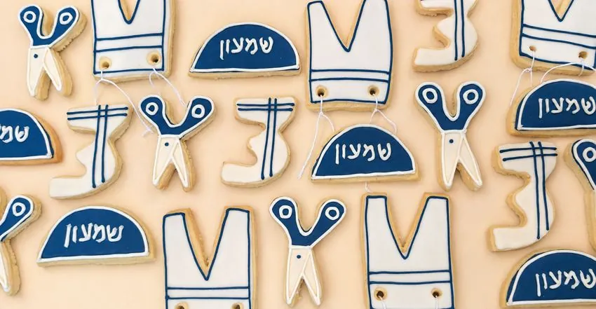 Navy Upsherin cookies with scissors and chair