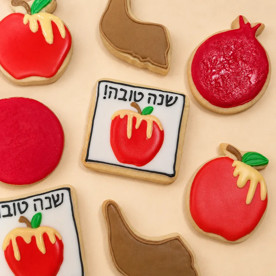 Rosh Hashana assorted cookies: apple, shofar, pomegranate and Shana Tova plaques