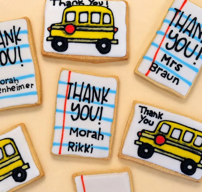 Thank you notebook-paper cookies with school bus